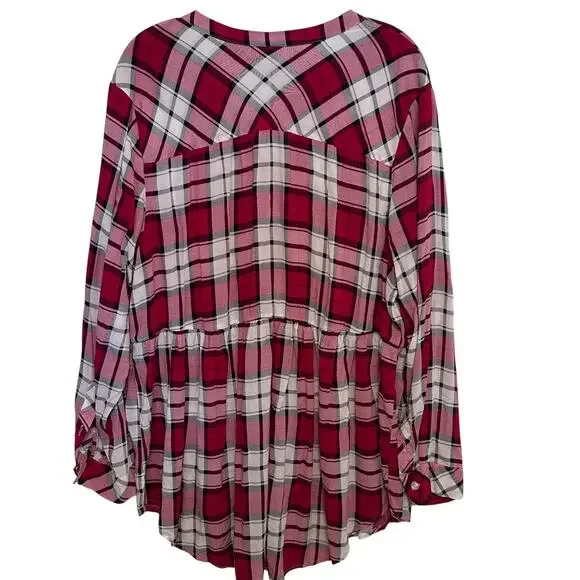 Torrid Emma Tunic Womens 3X Red Pink Plaid Babydoll Challis Button-Front Top - Picture 4 of 10